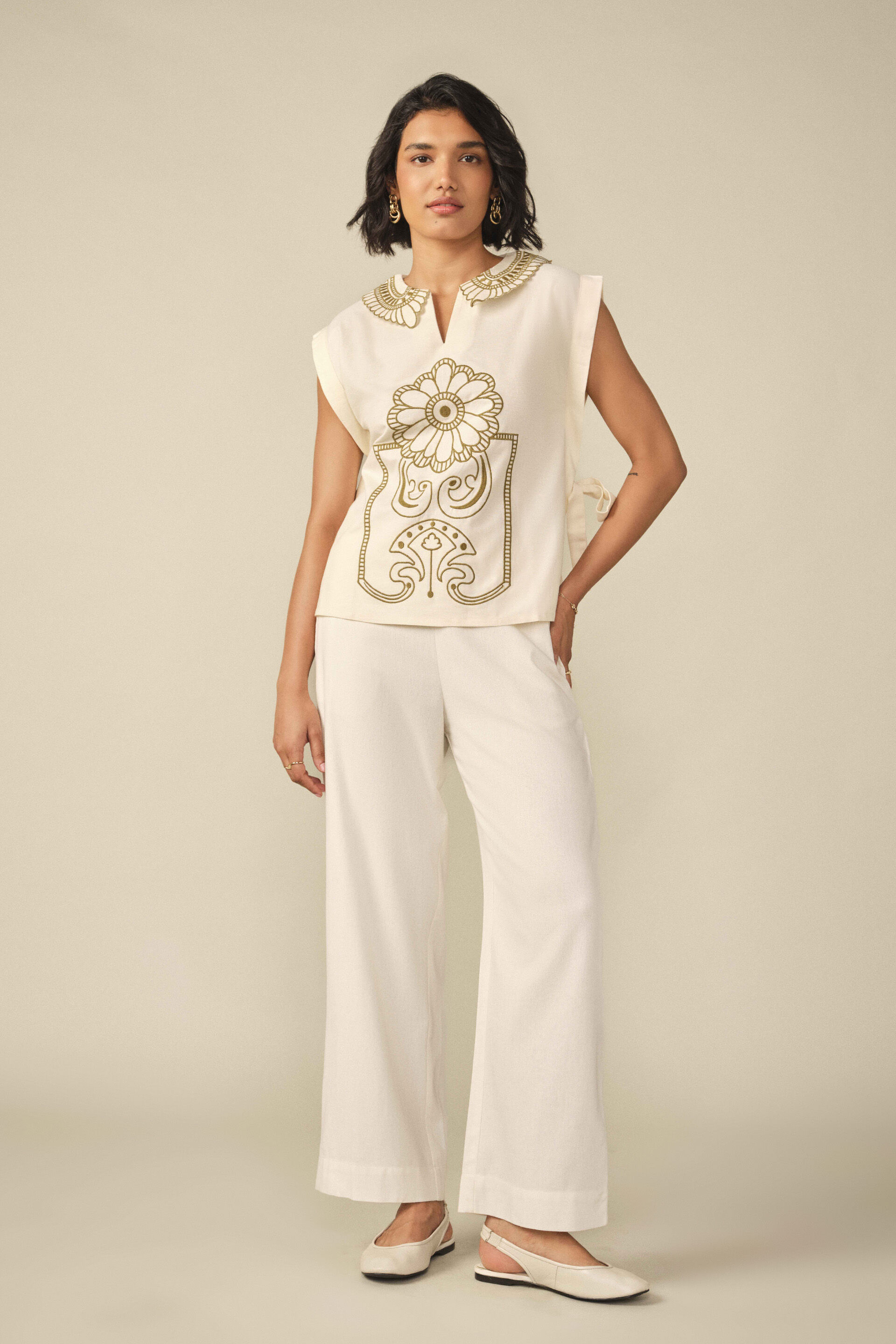 Embroidered Side Tie-up Top in Off White, Off White, image 3
